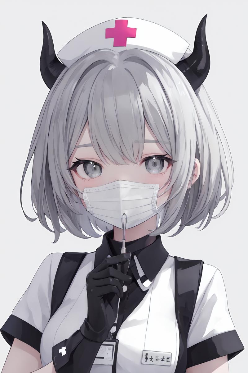 08885-461379908-1girl,solo,gloves,horns,black gloves,nurse cap,hat,mask,looking at viewer,upper body,grey eyes,shirt,short hair,simple backgroun.png